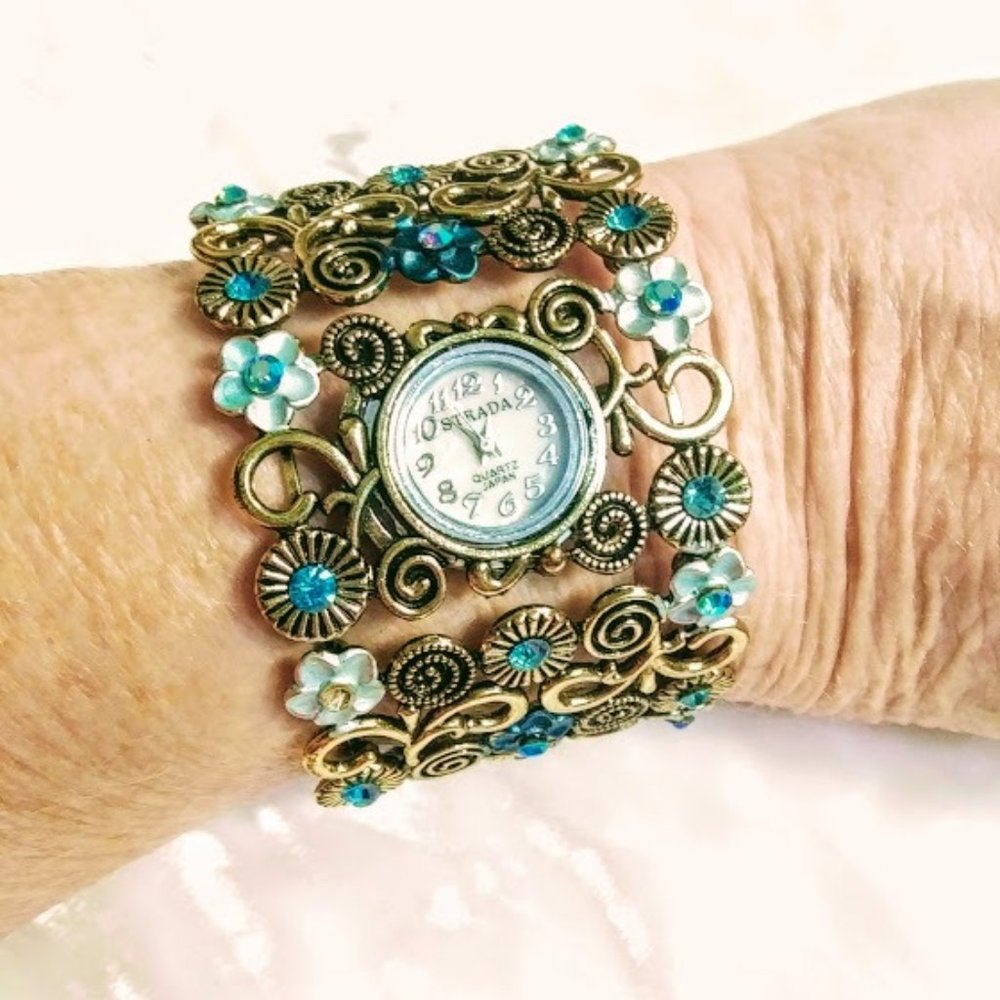NWT*STRADA*CUFF STYLE WATCH*BLUE AUSTRIAN CRYSTAL*BLUE ENAMEL FLOWERS*BOHEMIAN